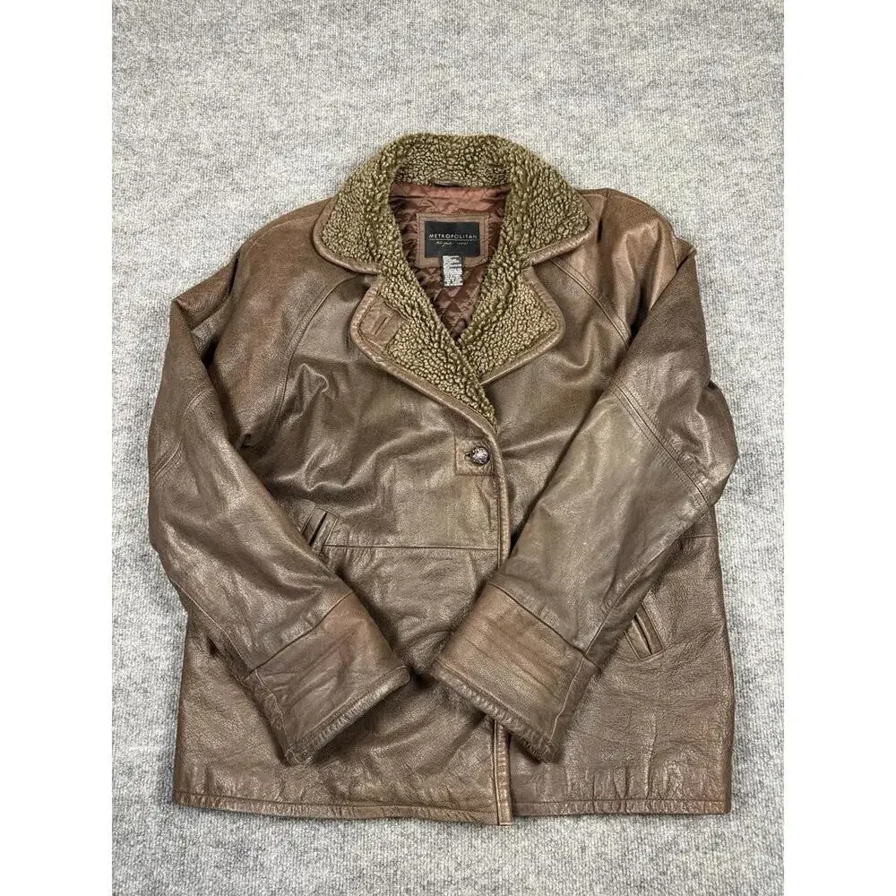 Metropolitan NY Leather Jacket Mens Medium Brown‎ Faux Shearling Lined Coat